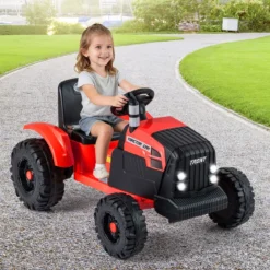 24V Kinder Elektro-Traktor mit Anhänger elektrisches Fahrzeug mit abnehmbarem Anhänger Fernbedienung Rot