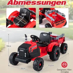 24V Kinder Elektro-Traktor mit Anhänger elektrisches Fahrzeug mit abnehmbarem Anhänger Fernbedienung Rot