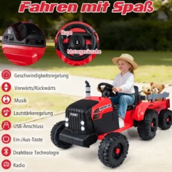 24V Kinder Elektro-Traktor mit Anhänger elektrisches Fahrzeug mit abnehmbarem Anhänger Fernbedienung Rot