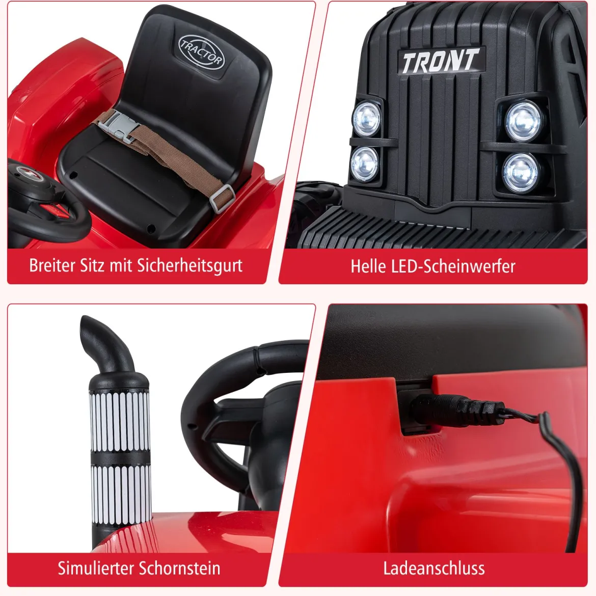 24V Kinder Elektro-Traktor mit Anhänger elektrisches Fahrzeug mit abnehmbarem Anhänger Fernbedienung Rot