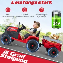 24V Kinder Elektro-Traktor mit Anhänger elektrisches Fahrzeug mit abnehmbarem Anhänger Fernbedienung Rot