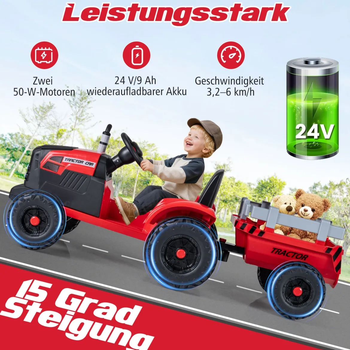 24V Kinder Elektro-Traktor mit Anhänger elektrisches Fahrzeug mit abnehmbarem Anhänger Fernbedienung Rot
