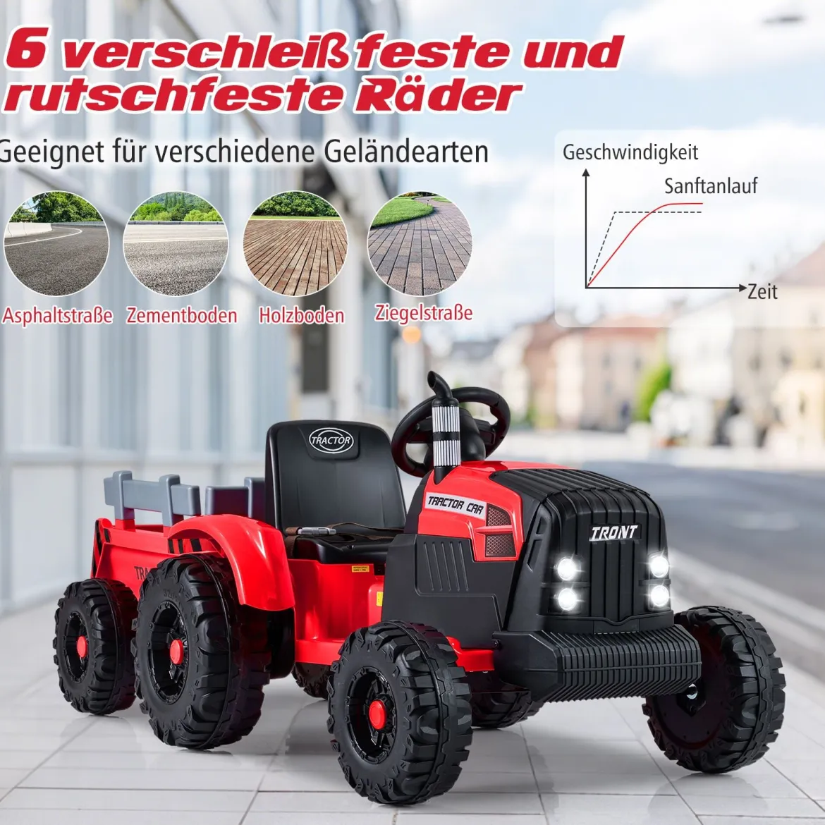 24V Kinder Elektro-Traktor mit Anhänger elektrisches Fahrzeug mit abnehmbarem Anhänger Fernbedienung Rot