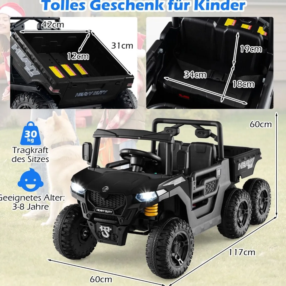 24V Kinderfahrzeug mit Elektrischem Kippbett & Fernbedienung & LED-Lichtern Kipplaster Schwarz