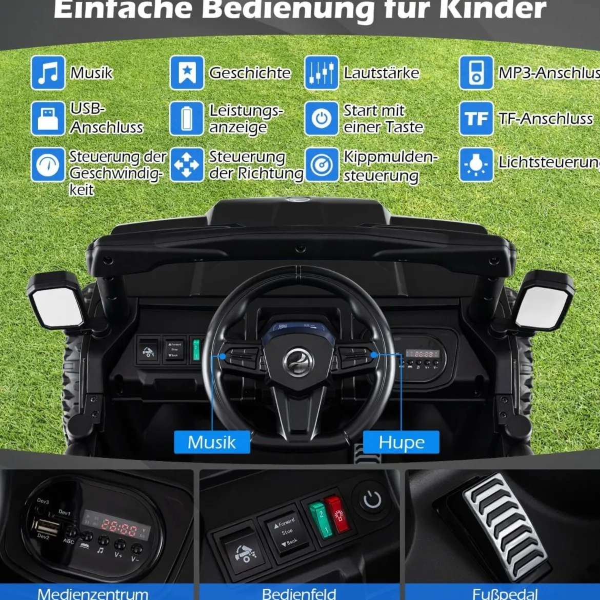 24V Kinderfahrzeug mit Elektrischem Kippbett & Fernbedienung & LED-Lichtern Kipplaster Schwarz