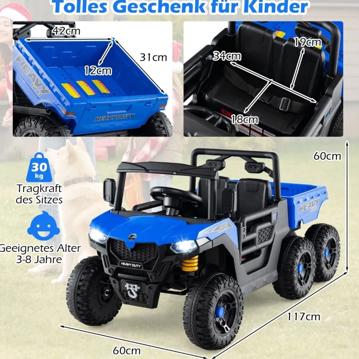 24V Kinderfahrzeug mit Elektrischem Kippbett & Fernbedienung & LED-Lichtern Kipplaster Blau