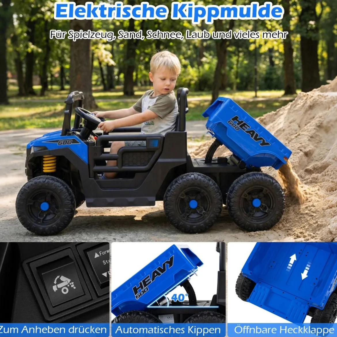 24V Kinderfahrzeug mit Elektrischem Kippbett & Fernbedienung & LED-Lichtern Kipplaster Blau