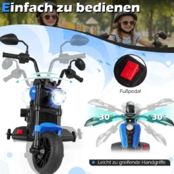 6V Kinder Motorrad Chopper-Motorrad mit Musik Scheinwerfer Fußpedal und 2 Stützrädern Marineblau