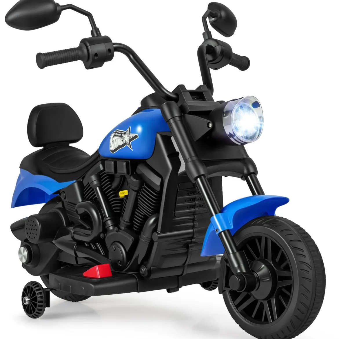 6V Kinder Motorrad Chopper-Motorrad mit Musik Scheinwerfer Fußpedal und 2 Stützrädern Marineblau