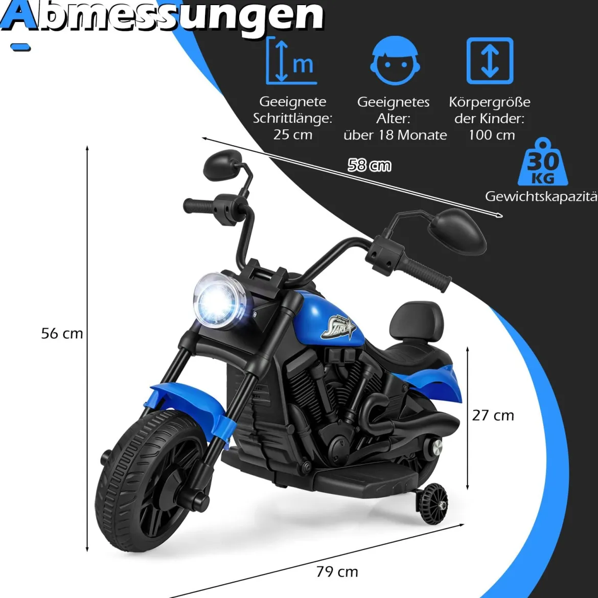 6V Kinder Motorrad Chopper-Motorrad mit Musik Scheinwerfer Fußpedal und 2 Stützrädern Marineblau