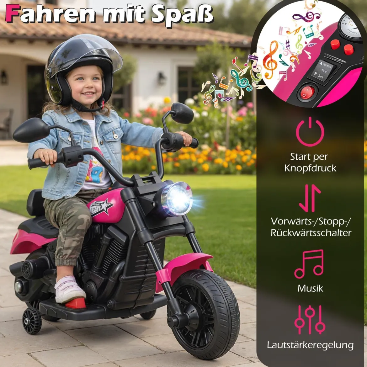 6V Kinder Motorrad Chopper-Motorrad mit Musik Scheinwerfer Fußpedal und 2 Stützrädern Rosa
