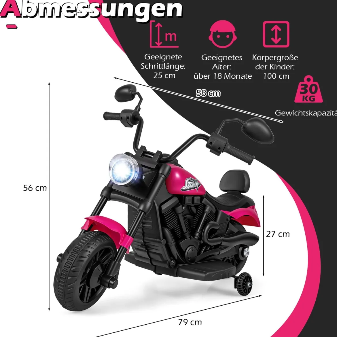 6V Kinder Motorrad Chopper-Motorrad mit Musik Scheinwerfer Fußpedal und 2 Stützrädern Rosa