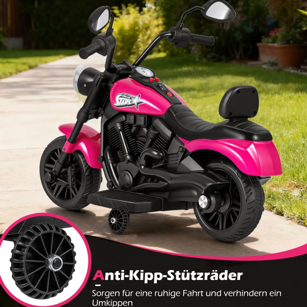 6V Kinder Motorrad Chopper-Motorrad mit Musik Scheinwerfer Fußpedal und 2 Stützrädern Rosa