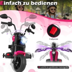 6V Kinder Motorrad Chopper-Motorrad mit Musik Scheinwerfer Fußpedal und 2 Stützrädern Rosa