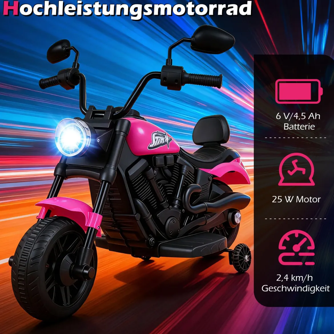 6V Kinder Motorrad Chopper-Motorrad mit Musik Scheinwerfer Fußpedal und 2 Stützrädern Rosa