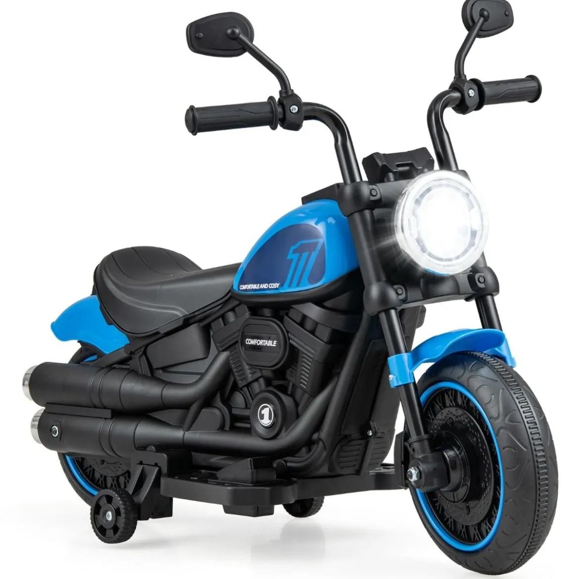 6V Kinder Motorrad mit Scheinwerfern & USB & Stützrädern Elektromotorrad Blau