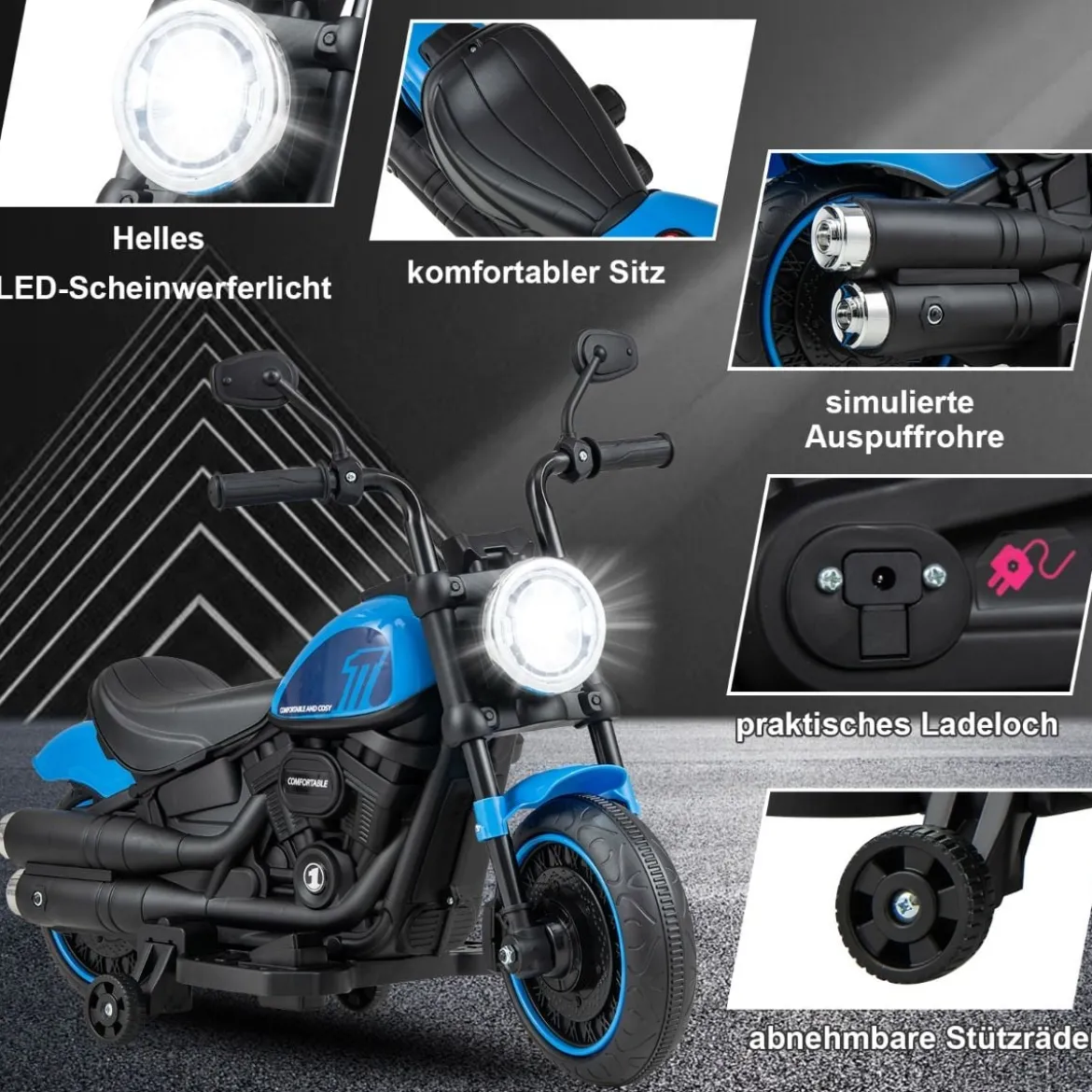 6V Kinder Motorrad mit Scheinwerfern & USB & Stützrädern Elektromotorrad Blau