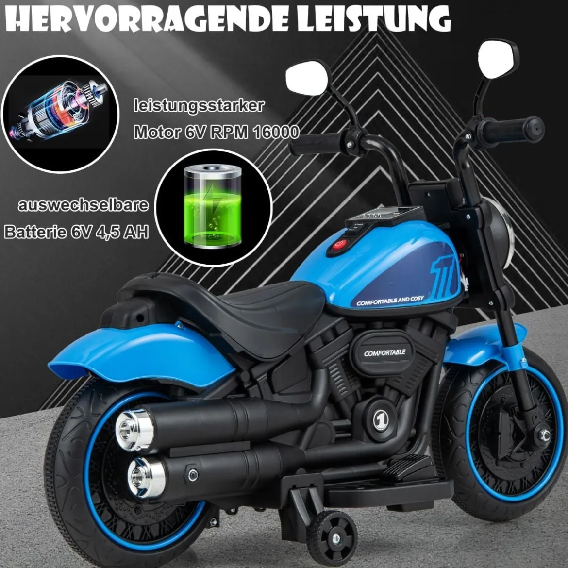 6V Kinder Motorrad mit Scheinwerfern & USB & Stützrädern Elektromotorrad Blau