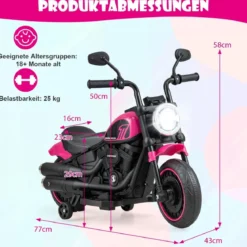 6V Kinder Motorrad mit Scheinwerfern & USB & Stützrädern Elektromotorrad Rosa