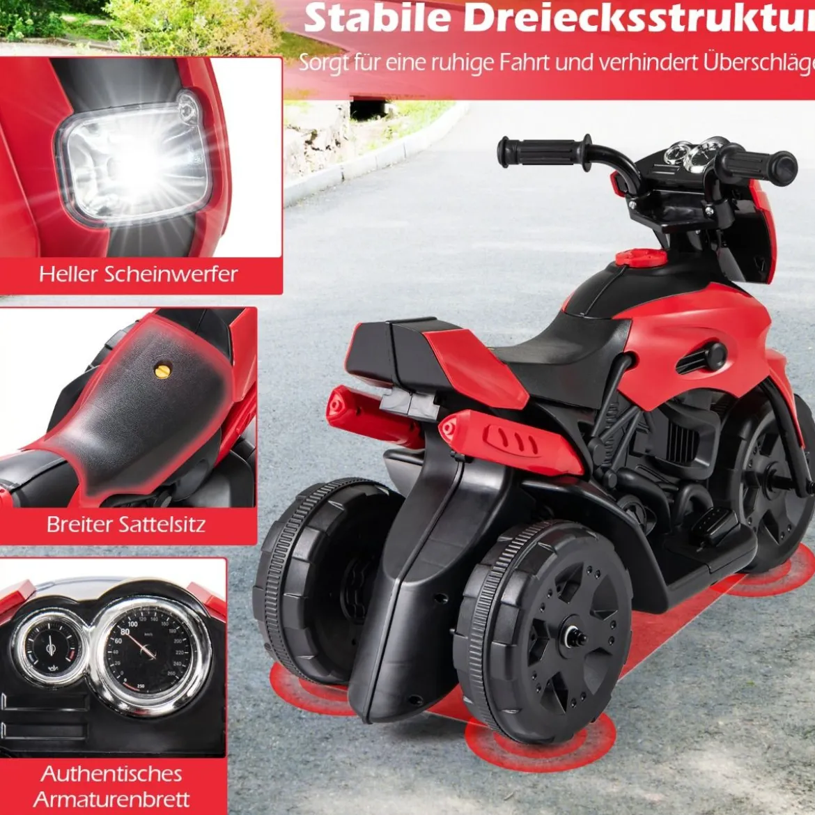 6V Kinder Motorrad 3-Rad Elektro-Motorrad mit LED-Scheinwerfer Fußpedal batteriebetriebenes Elektro-Spielzeugauto Rot