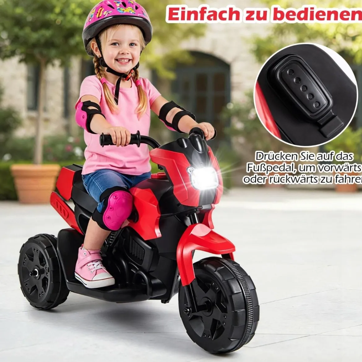 6V Kinder Motorrad 3-Rad Elektro-Motorrad mit LED-Scheinwerfer Fußpedal batteriebetriebenes Elektro-Spielzeugauto Rot