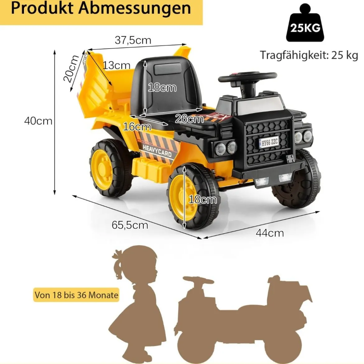 6V Kinder Muldenkipper mit Schutzhelm bis zu 2,5km/h für Kinder ab 18 Monaten Gelb