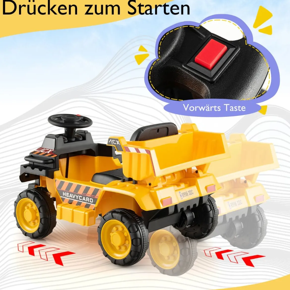 6V Kinder Muldenkipper mit Schutzhelm bis zu 2,5km/h für Kinder ab 18 Monaten Gelb
