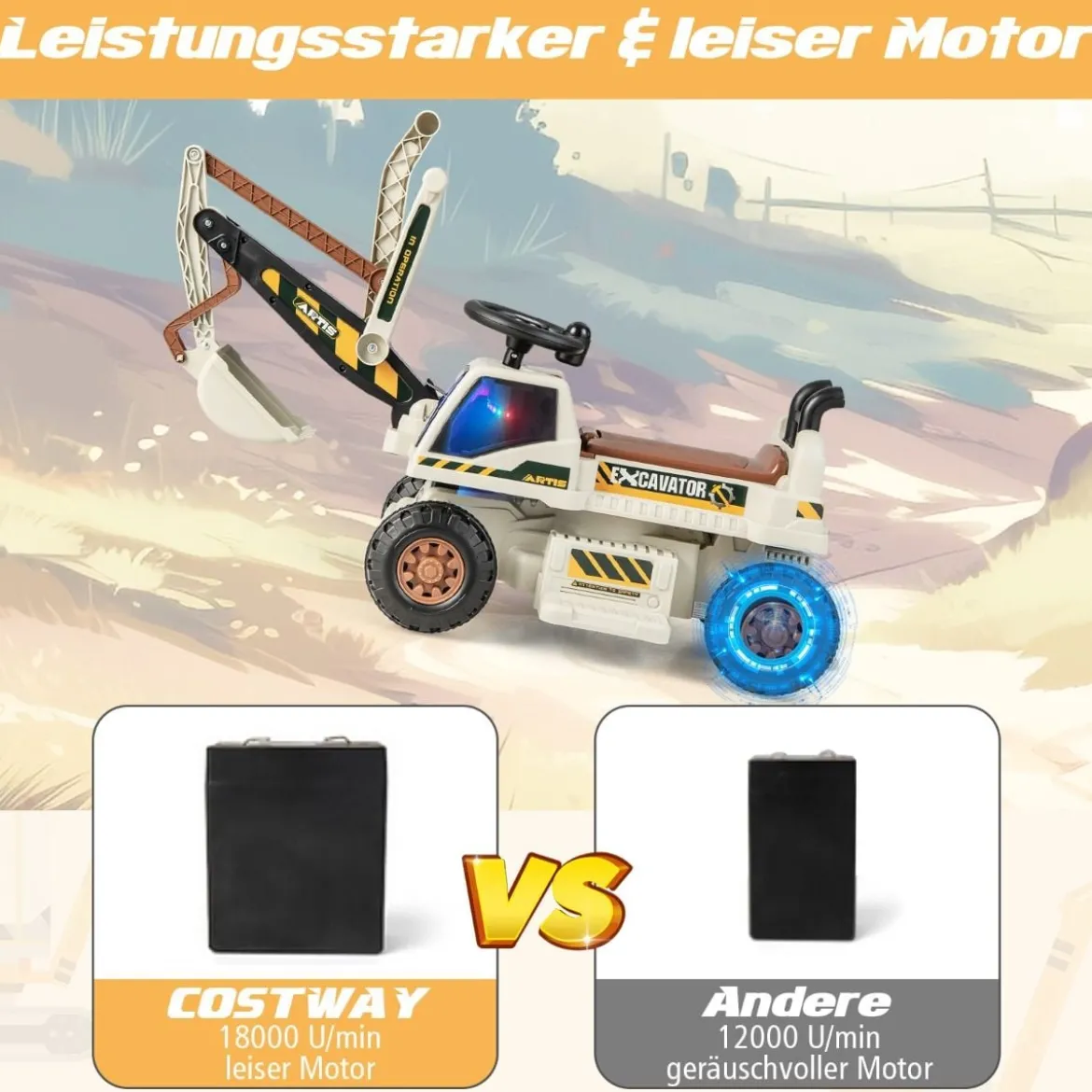 6V Kinder Sitzbagger mit drehbarer & verstellbarer Schaufel & Musik Schwarz + Grau