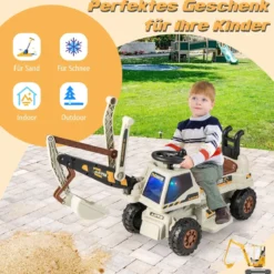 6V Kinder Sitzbagger mit drehbarer & verstellbarer Schaufel & Musik Schwarz + Grau