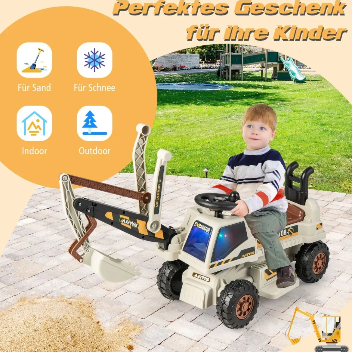 6V Kinder Sitzbagger mit drehbarer & verstellbarer Schaufel & Musik Schwarz + Grau