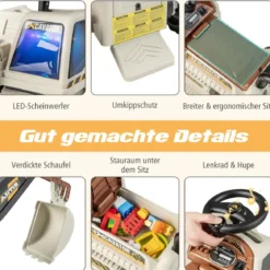 6V Kinder Sitzbagger mit drehbarer & verstellbarer Schaufel & Musik Schwarz + Grau