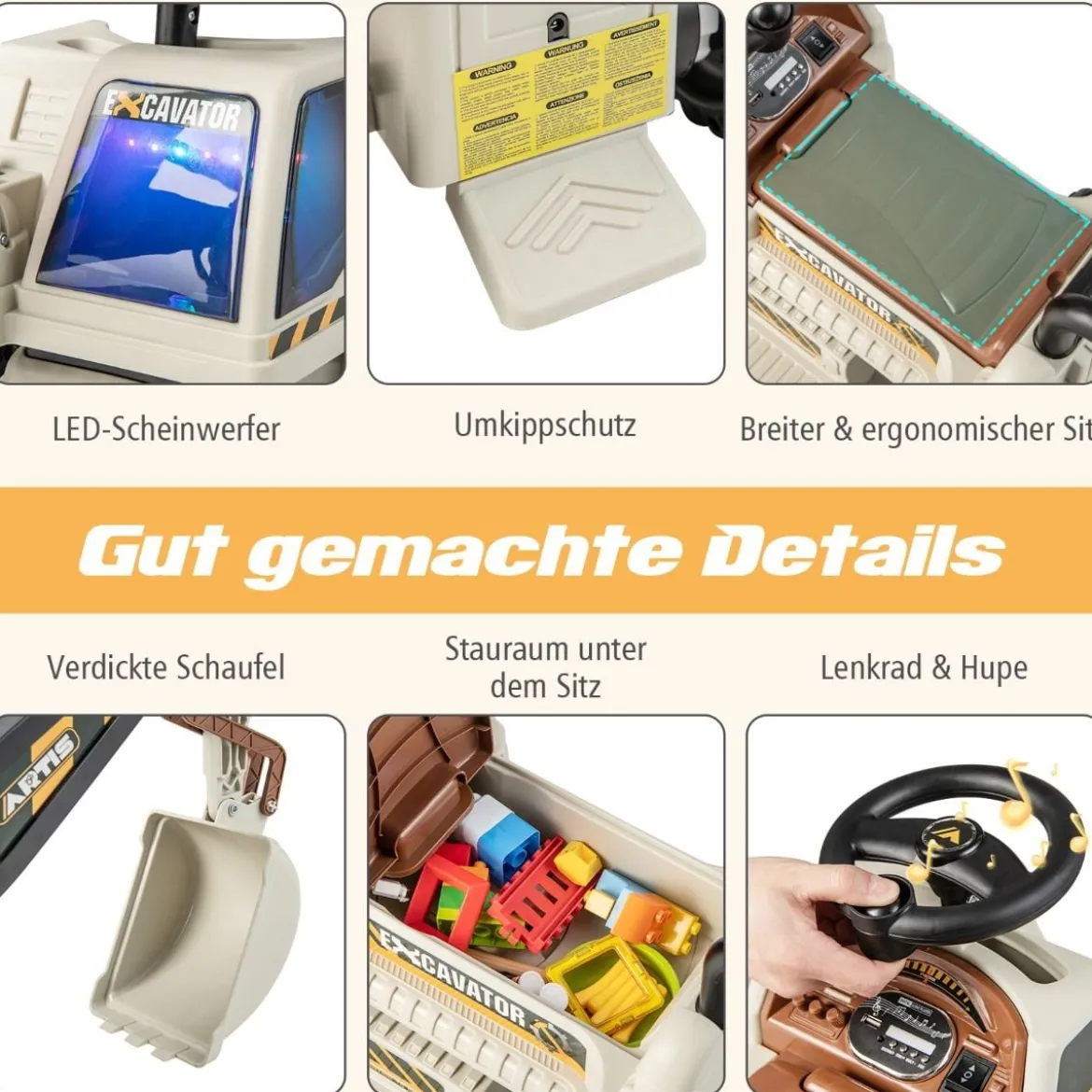 6V Kinder Sitzbagger mit drehbarer & verstellbarer Schaufel & Musik Schwarz + Grau