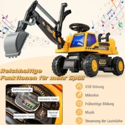 6V Kinder Sitzbagger mit drehbarer & verstellbarer Schaufel & Musik Schwarz + Gelb