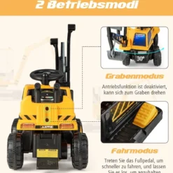 6V Kinder Sitzbagger mit drehbarer & verstellbarer Schaufel & Musik Schwarz + Gelb