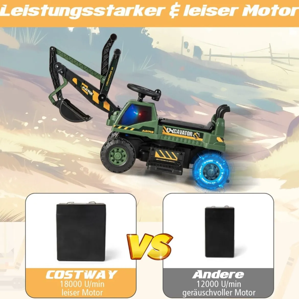 6V Kinder Sitzbagger mit drehbarer & verstellbarer Schaufel & Musik Schwarz + Grün