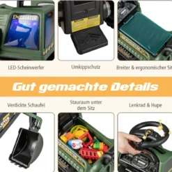 6V Kinder Sitzbagger mit drehbarer & verstellbarer Schaufel & Musik Schwarz + Grün