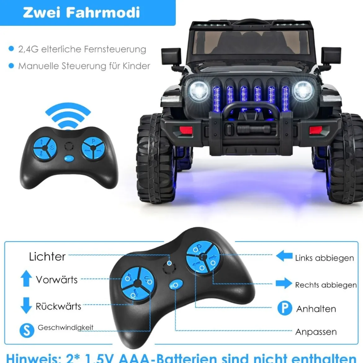 12V Kinder 1 Sitzer Elektroauto mit Fernbedienung & Hupe & Scheinwerfer Schwarz