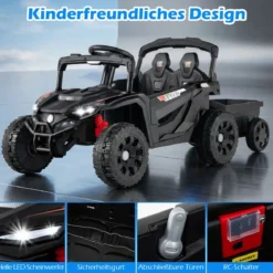 12V Kindertraktor mit Abnehmbarem Anhänger & Eltern-Fernbedienung Elektro-UTV Schwarz