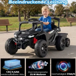 12V Kindertraktor mit Abnehmbarem Anhänger & Eltern-Fernbedienung Elektro-UTV Schwarz