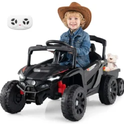 12V Kindertraktor mit Abnehmbarem Anhänger & Eltern-Fernbedienung Elektro-UTV Schwarz