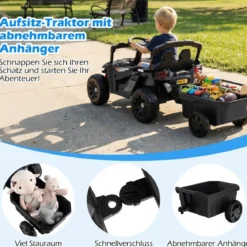 12V Kindertraktor mit Abnehmbarem Anhänger & Eltern-Fernbedienung Elektro-UTV Schwarz