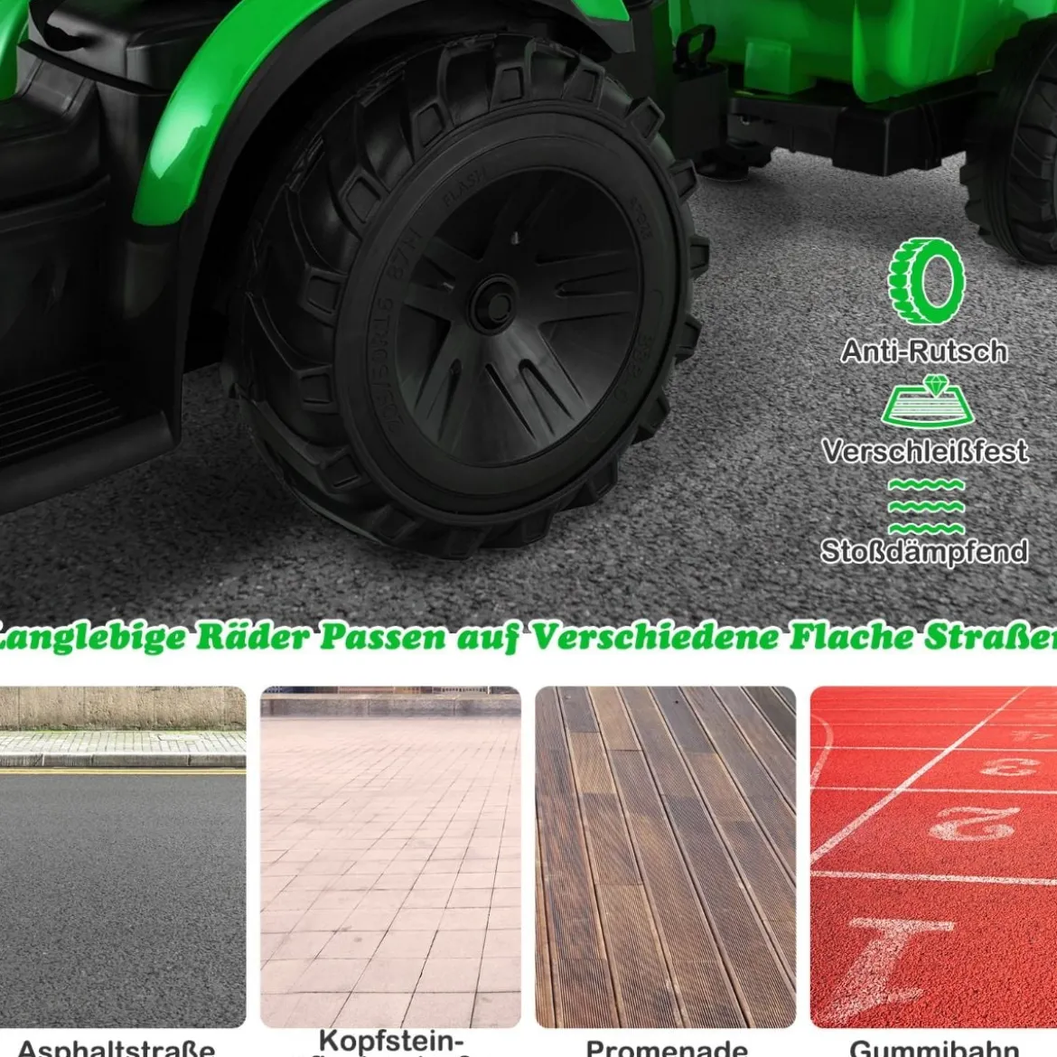 12V Kinder Traktor mit Anhänger & Grabschaufel & MP3-Player für Kinder von 3-8 J. Grün