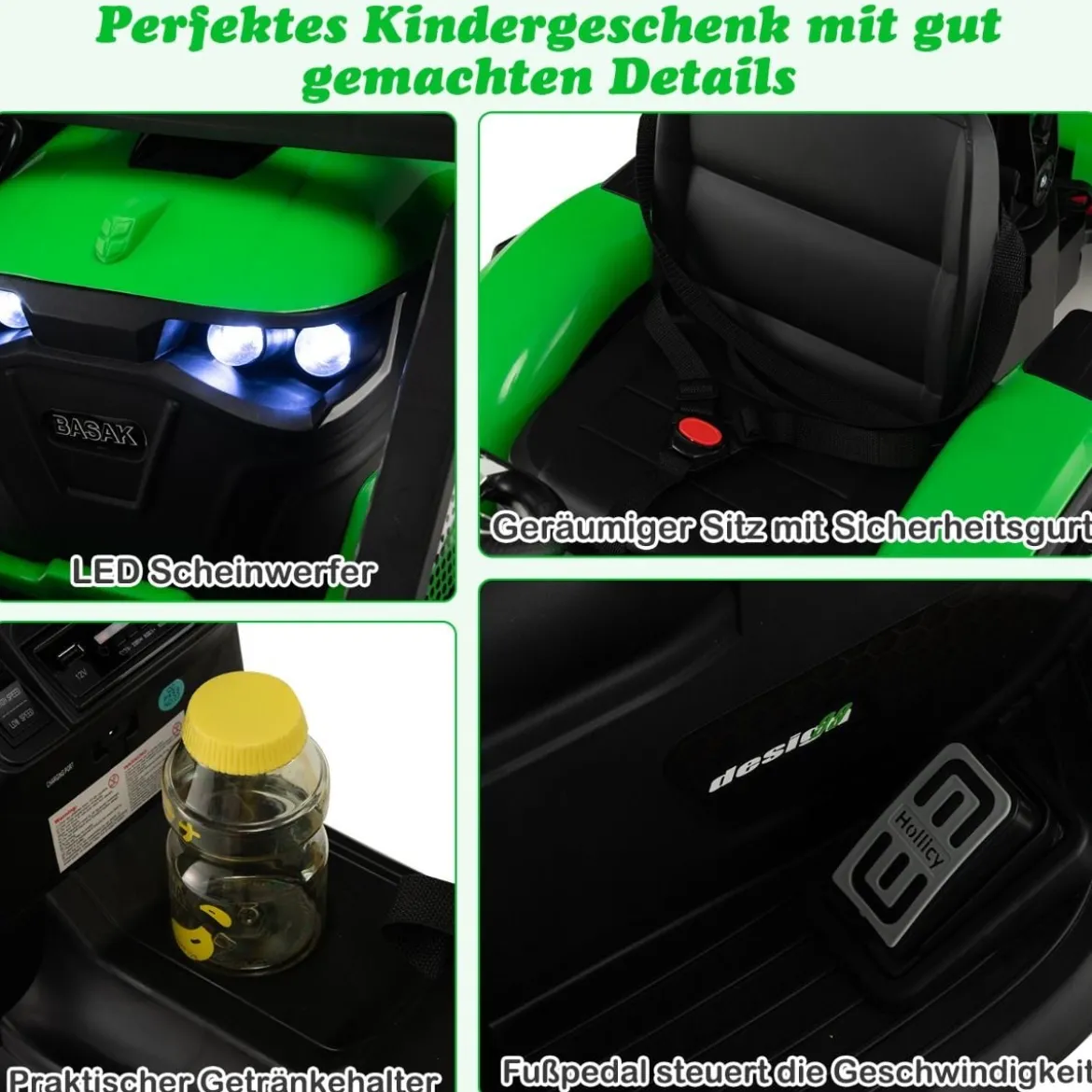 12V Kinder Traktor mit Anhänger & Grabschaufel & MP3-Player für Kinder von 3-8 J. Grün