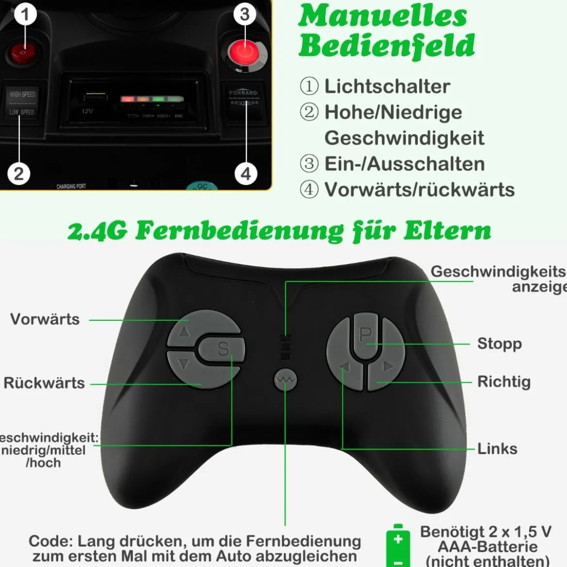12V Kinder Traktor mit Anhänger & Grabschaufel & MP3-Player für Kinder von 3-8 J. Grün