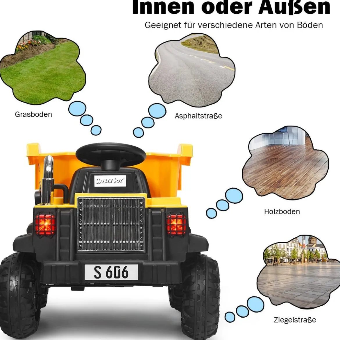 12V Kinder Traktor mit elektrischen Heckschaufel & Fernbedienung & Lichtern+Musik+Radio für Kinder ab 3 jahre