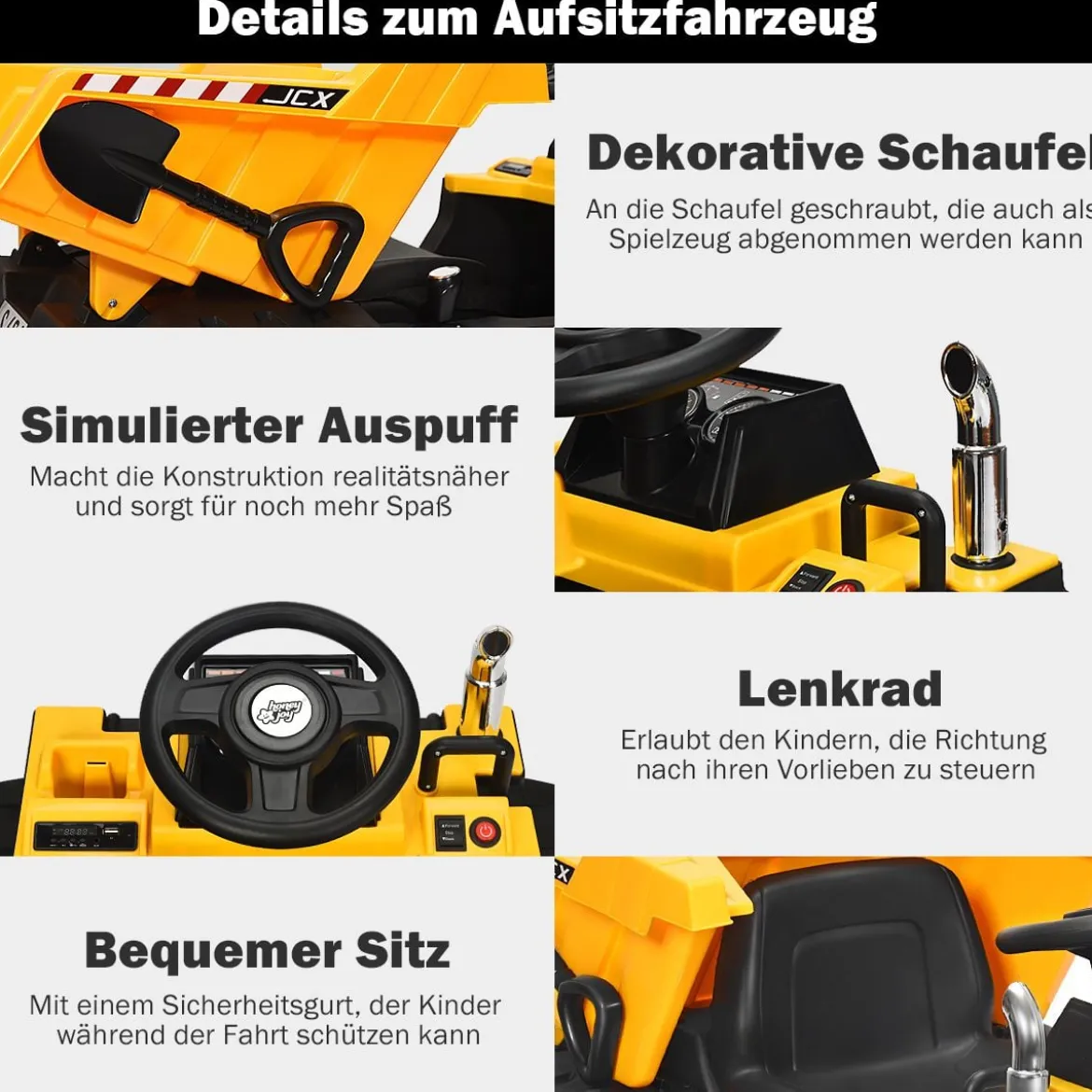 12V Kinder Traktor mit elektrischen Heckschaufel & Fernbedienung & Lichtern+Musik+Radio für Kinder ab 3 jahre