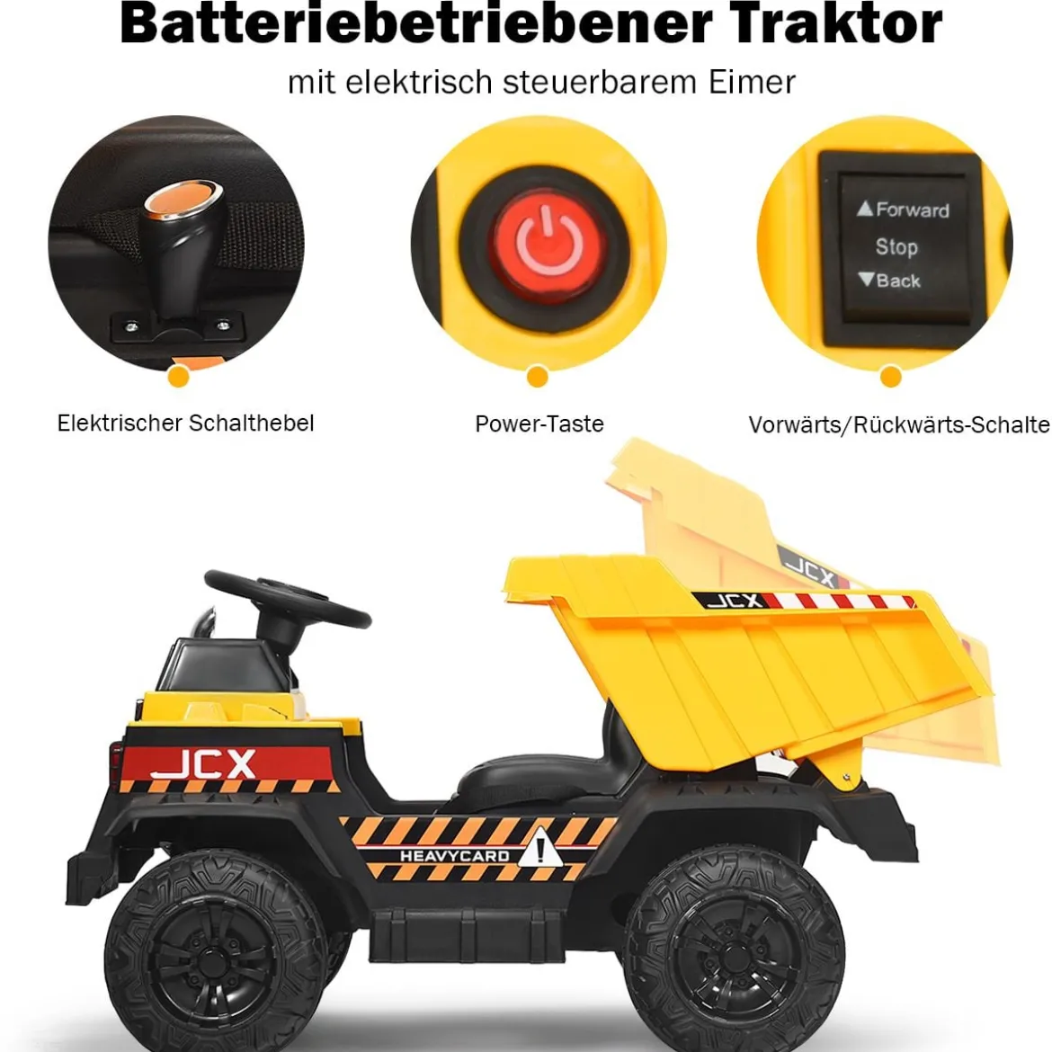 12V Kinder Traktor mit elektrischen Heckschaufel & Fernbedienung & Lichtern+Musik+Radio für Kinder ab 3 jahre