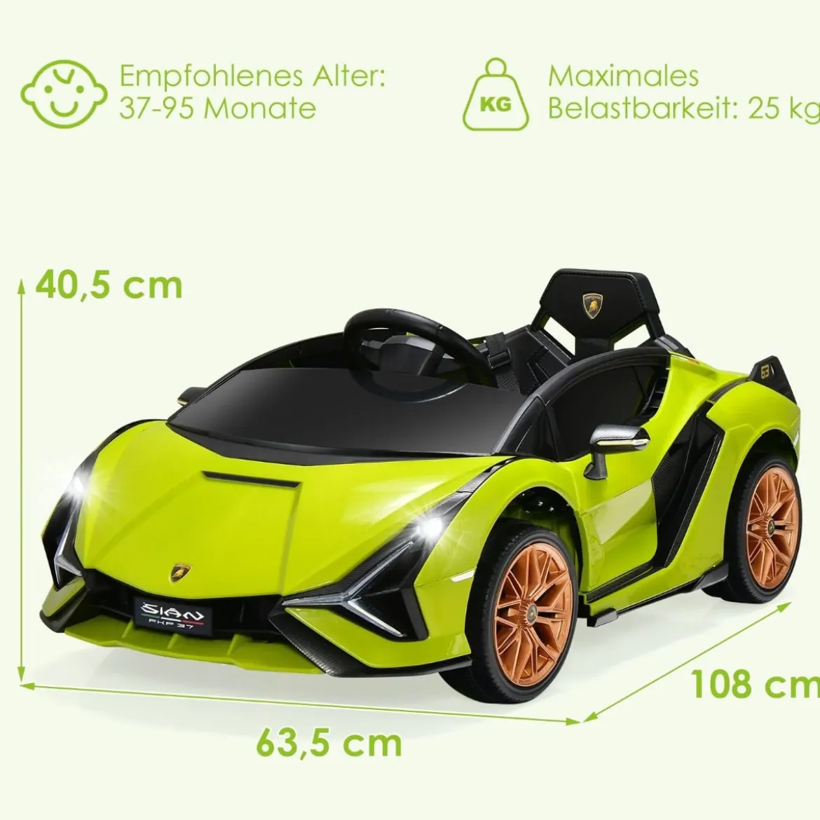12V Lamborghini Kinder Elektroauto mit 2,4G-Fernbedienung Kinderauto 3-5km/h mit MP3 Grün