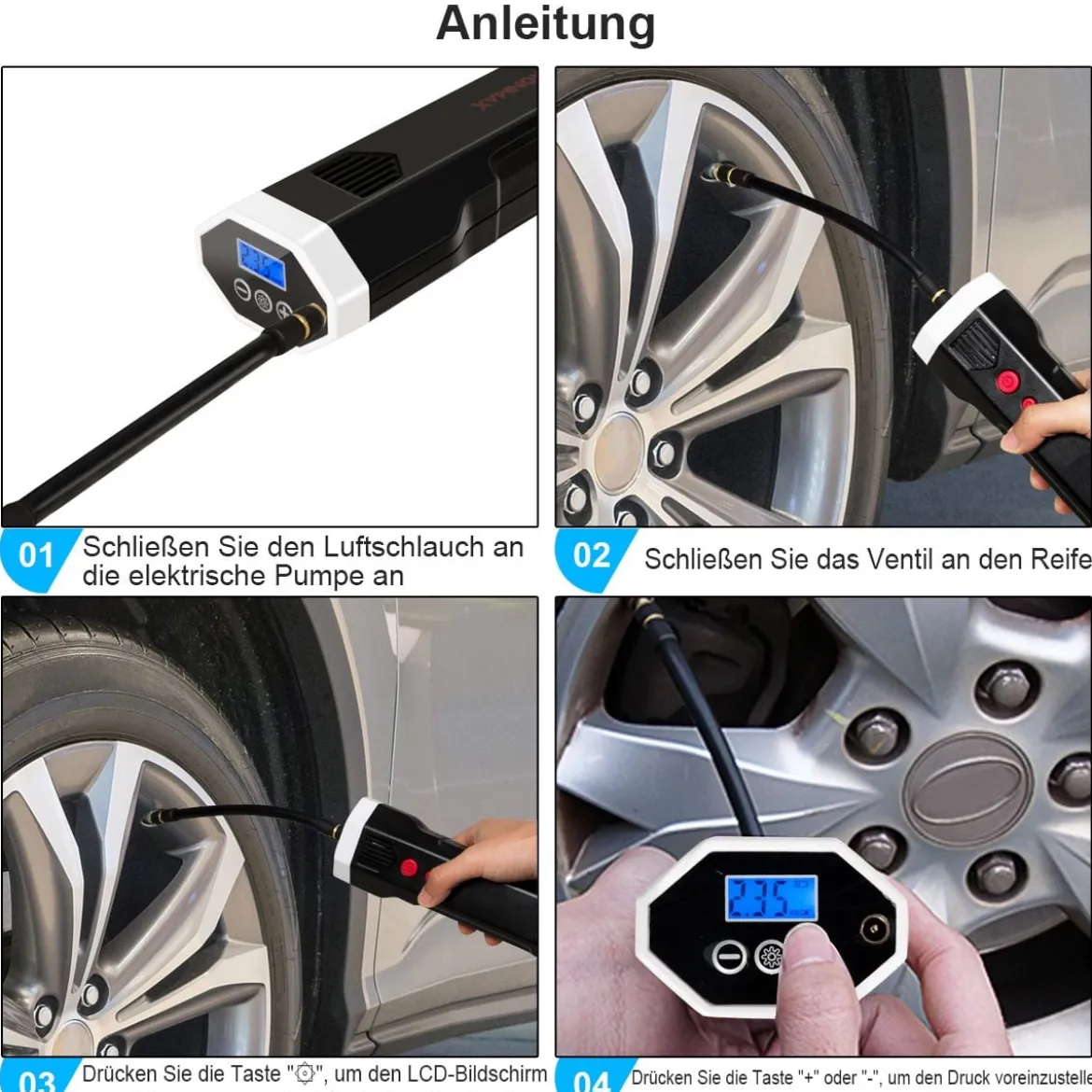 12V Luftkompressor elektrisch LCD-Anzeige 2000mAh-Akku für Autos Motorräder Fußbälle