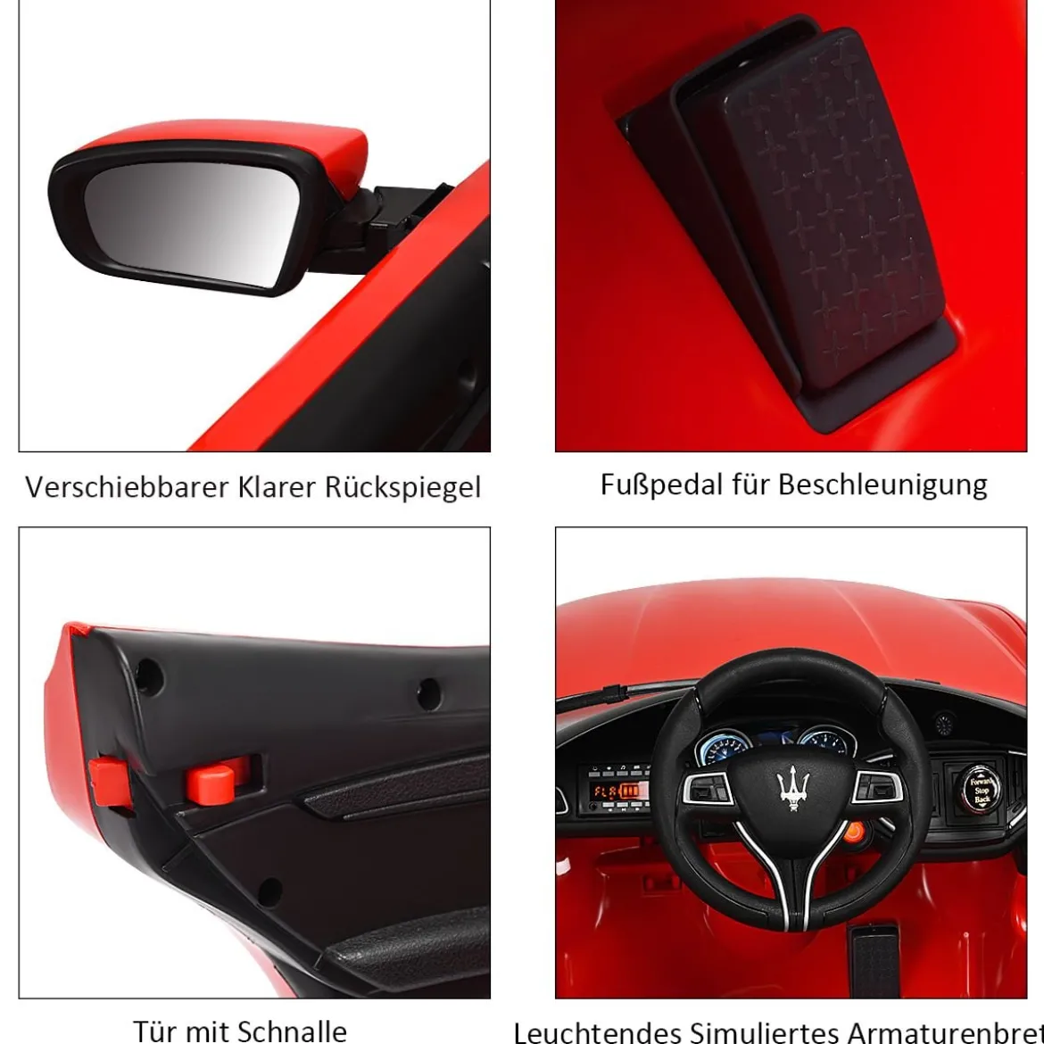 12V Maserati Kinderauto mit 2,4G-Fernbedienung & Musik & LED für Kinder ab 3 jahren Rot